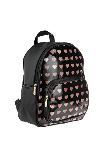 SHOPIENS Women's Backpack - Heart Pattern, Black/Beige, 27x12x32.5 cm (MYONNA)