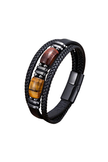 OEM Bracelet "Soul Speaks" in Leather and Tiger's Eye Crystals in 2 Tones