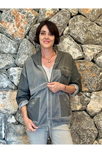 Punta Otantik Nc62020 Hooded Zippered Italian Washed Jacket Smoked