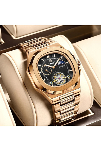 Lige 6821 Rose Gold-Black Men's Watch – Mechanical, Business Design
