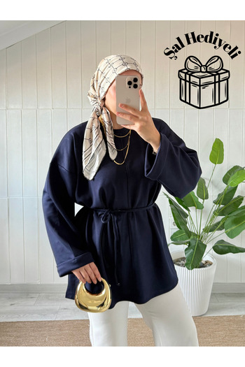 Mira İpek Slit Soft Double Face Fabric Tunic Drawstring Tunic Shawl with Gift