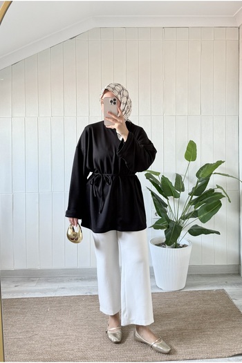 Mira İpek Slit Soft Double Face Fabric Tunic Drawstring Tunic Shawl with Gift