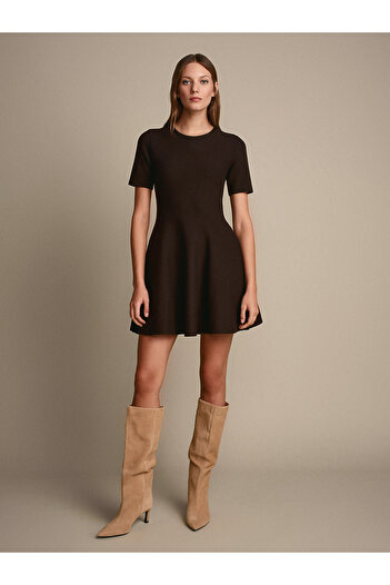 Dilvin 90258 Crew Neck Sweater Knit Dress-Dark Brown