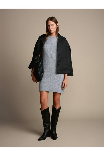 Dilvin 90257 Crew Neck Wool Blend Knitwear Dress-Dark Gray Mel.
