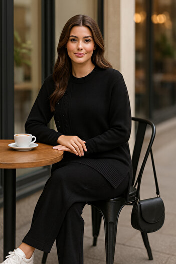 semela New Season Side Hair Braided Pearl Detail Knitwear Set