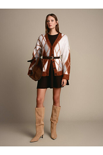 Dilvin 60989 Baklava Patterned Alpaca Blend Knitwear Cardigan-Caramel
