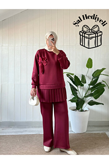 Mira İpek Premium Fabric Pleated Scuba Double Hijab Set with Shawl Gift