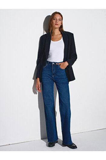 Dilvin 71734 High Waist Lycra Wide Leg Jean-Dark Blue