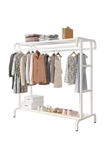EMATTERIO Double Clothes Rack with Shoe Rack, Storage Space, 150x109x50cm, 70kg Maximum Weight, White