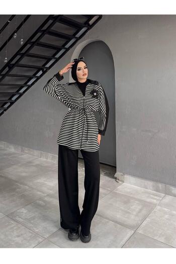 Işşıl 72054- Pearl Stone Striped Stretchy Combed Cotton Pants Suit