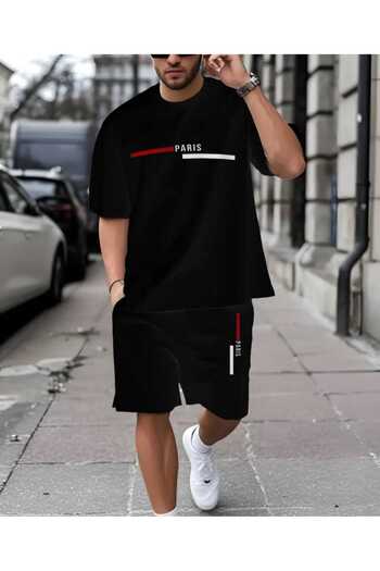 ORVIO Group Men's'Paris' Letter Print Striped T-Shirt and Shorts Set