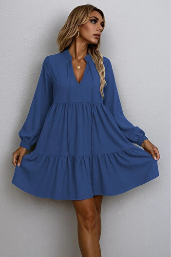 Silerra Women's Long Sleeve Neck Tie Ruffled Linen Mini Dress