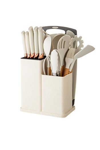 Dania 19-piece Beige Silicone Kitchen Utensils and Granite Knives Set