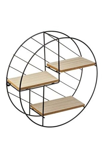 Silver Star Decorative Round Metal Hanging Shelf with 3 Wooden Tiers Ø30 x 9 cm