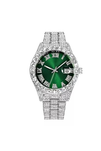 Tessero Analog Iced Out Watch, Quartz, Zirconia Insets, Roman Numerals, 18K Gold Plated, Green Dial,