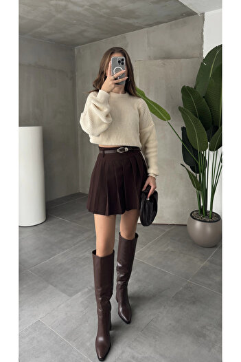 Asfa Moda Fusta mini de iarnă cu căptușeală maro pentru femei, cu centură și pliuri