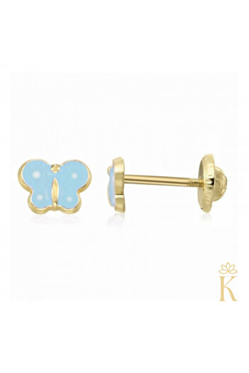 KALINI Protective Earrings, 14K Yellow Gold, Blue Butterflies, 6x4 mm