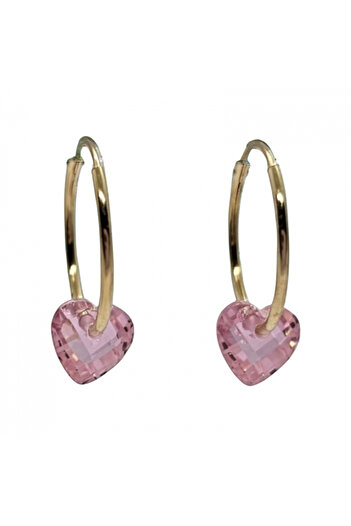 KALINI 14K Yellow Gold Earrings — 13 mm Hoops with Pink Heart Crystal