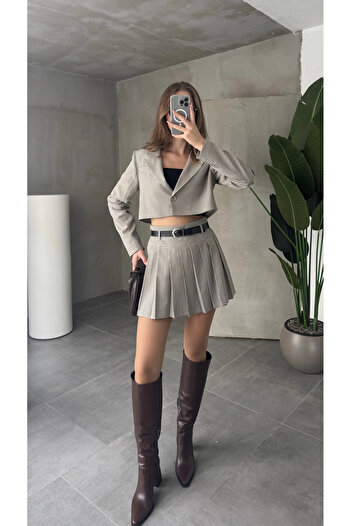 Asfa Moda Women's Pitikare Crop Jacket Belted Lined Pleated Skirt Set