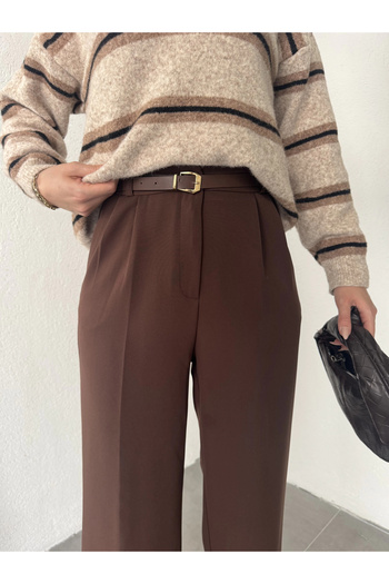 Asfa Moda Women's Brown Pleated Full-Fit Waist-Fitted Wide-Leg Palazzo Pants