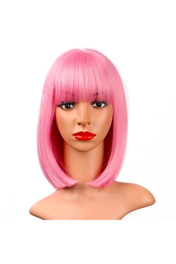 animis beauty PINK bob wig, synthetic fiber, for Cosplay or Halloween, straight hair, with bangs, 36 cm