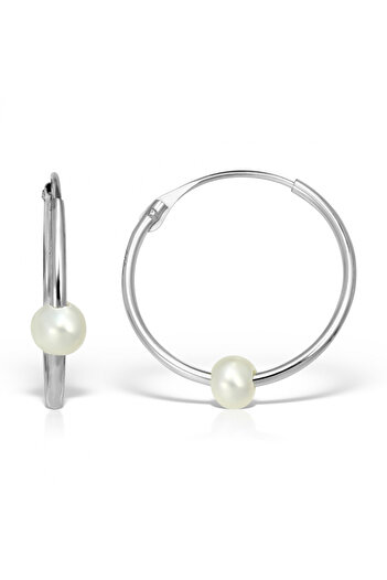 KALINI Earrings for girls and women, 14K white gold, large hoop with pearl, 13 mm
