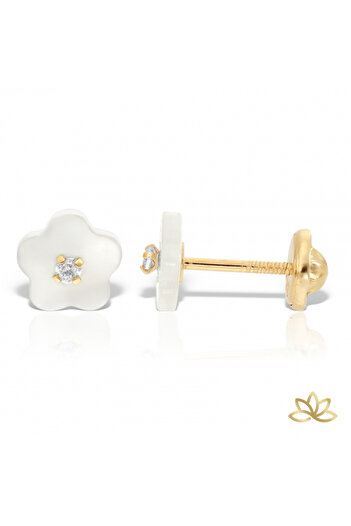 KALINI Protective 14K yellow gold earrings, mother-of-pearl flowers with zirconia, 5 mm