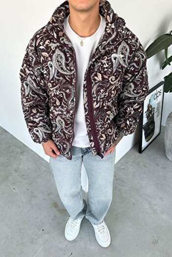 HAFKAGİYİM Burgundy Patterned Velvet Puffer Jacket