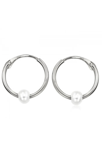 KALINI 14K White Gold Earrings, Medium Hoops with Pearl, 10 mm