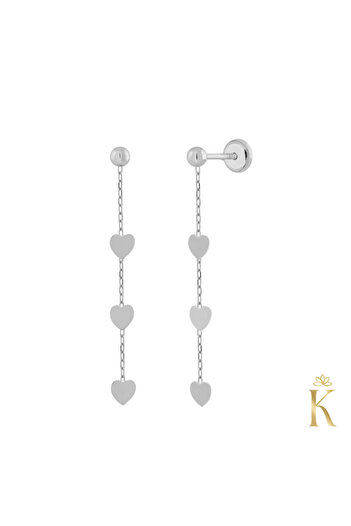 KALINI 9K White Gold Long Chain Earrings with 3 Hearts, 32 mm