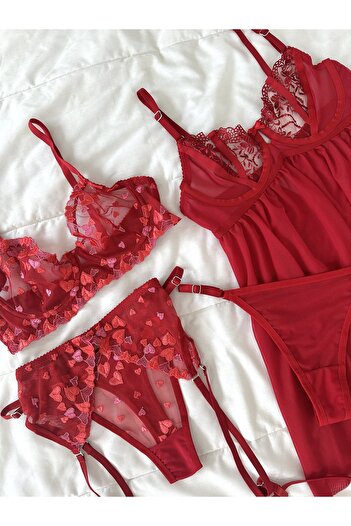 Feruzdesign Set de lenjerie intimă cu sârmă, roșu, 5 piese