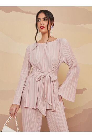 Styli Pleated Flared Sleeves Tunic Top with Front Tie Up