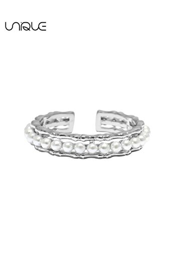 Unique Minimalist Bamboo Pearl Adjustable Ring - Women's