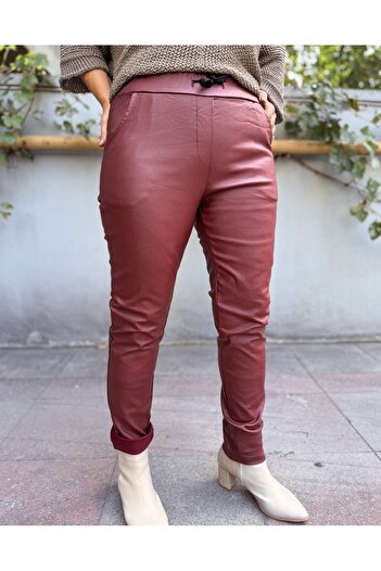 DenizEge Italian Faux Leather Trousers Burgundy