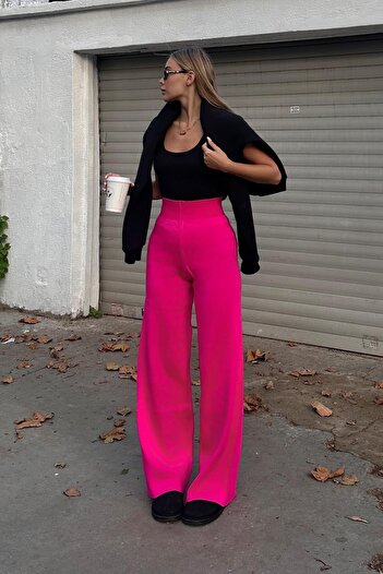 Swist Pink High Waist Elastic Waist Women's Knitwear Pants