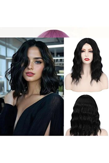animis beauty Black wig with frontlace, synthetic fiber with a wavy bob look, no bangs, 40 cm