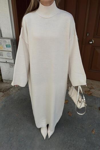 Swist Bej Daly Yarım Balıkçı Oversize Kadın Triko Midi Elbise