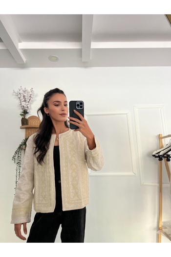 şev butik Nakışlı Krem Ceket -6170