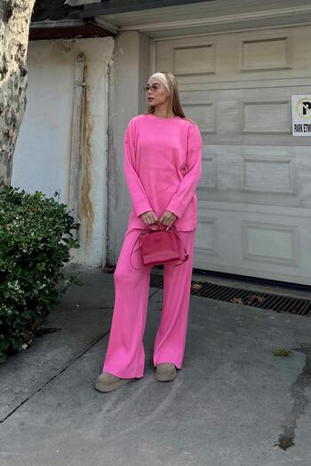 Swist Pembe Deg Fitilli Kazak-Pantolon Kadın Triko Alt Üst Takım