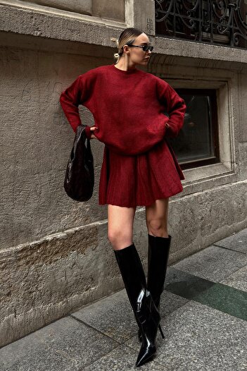 Swist Burgundy Paloma Pleated Skirt-Crew Neck Sweater Women's Knitwear Bottom Top Set