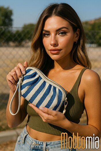 NEWISH POLO ACCESSORIES Синя лента тъкана дамска чанта веган кожа китката clutch чанта