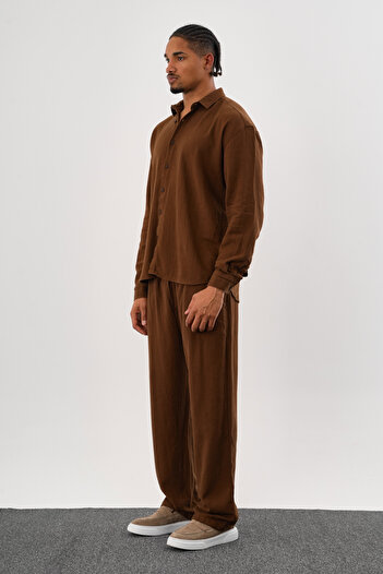 Redline Flare Winter Baggy Pants Oversize Shirt Bottom Top Set 100% Cotton Coffee