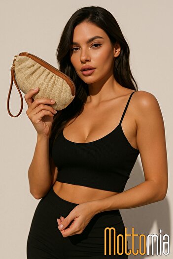 NEWISH POLO ACCESSORIES Жіноча сумочка з синьою смужкою, плетена, з веганським шкіряним браслетом, клатч