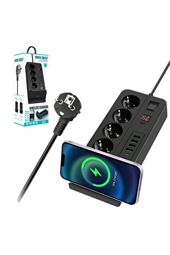 ATOMKIT Prelungitor cu 4 prize AC, 6 porturi USB, încărcare wireless, negru, 3000W, cablu 2m