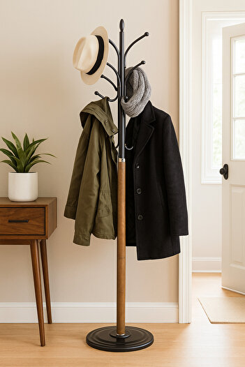 MARIA HOMES Modern Light Brown Coat Rack – Metal and Wood Standing Clothes Hanger for Entryway & Office