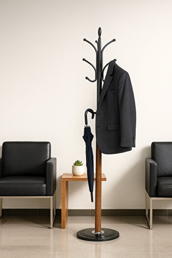 MARIA HOMES Modern Light Brown Coat Rack – Metal and Wood Standing Clothes Hanger for Entryway & Office