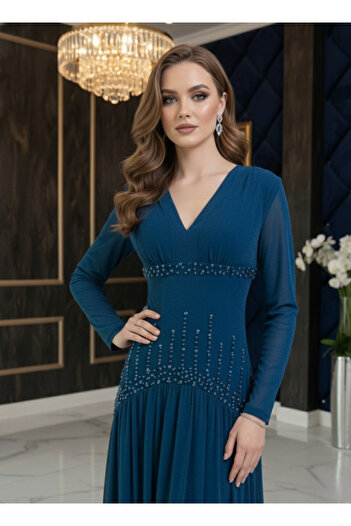 Opera Fashion Turquoise tulle evening dress with long sleeves