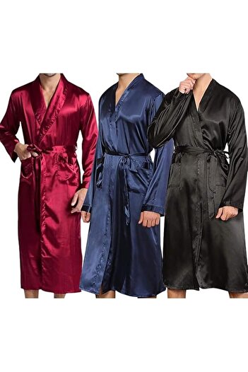 Margoun Men's Satin Dressing Gown Long Bathrobe Lightweight Silk Sleepwear Pyjamas for Men with Belt MG03
