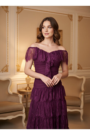 Opera Fashion Purple off-shoulder lace dress with soft layers