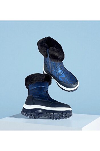 AkınalBella Children's Navy Blue Fur-Lined Zipper Waterproof Rain Snow Boots